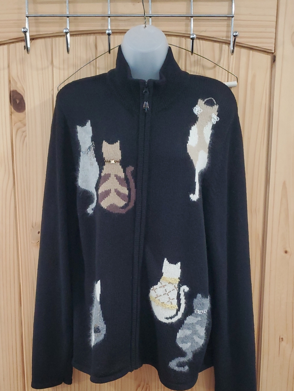 Vintage Coldwater Creek Cat Pattern Zip-Front Sweater Jacket - Black
